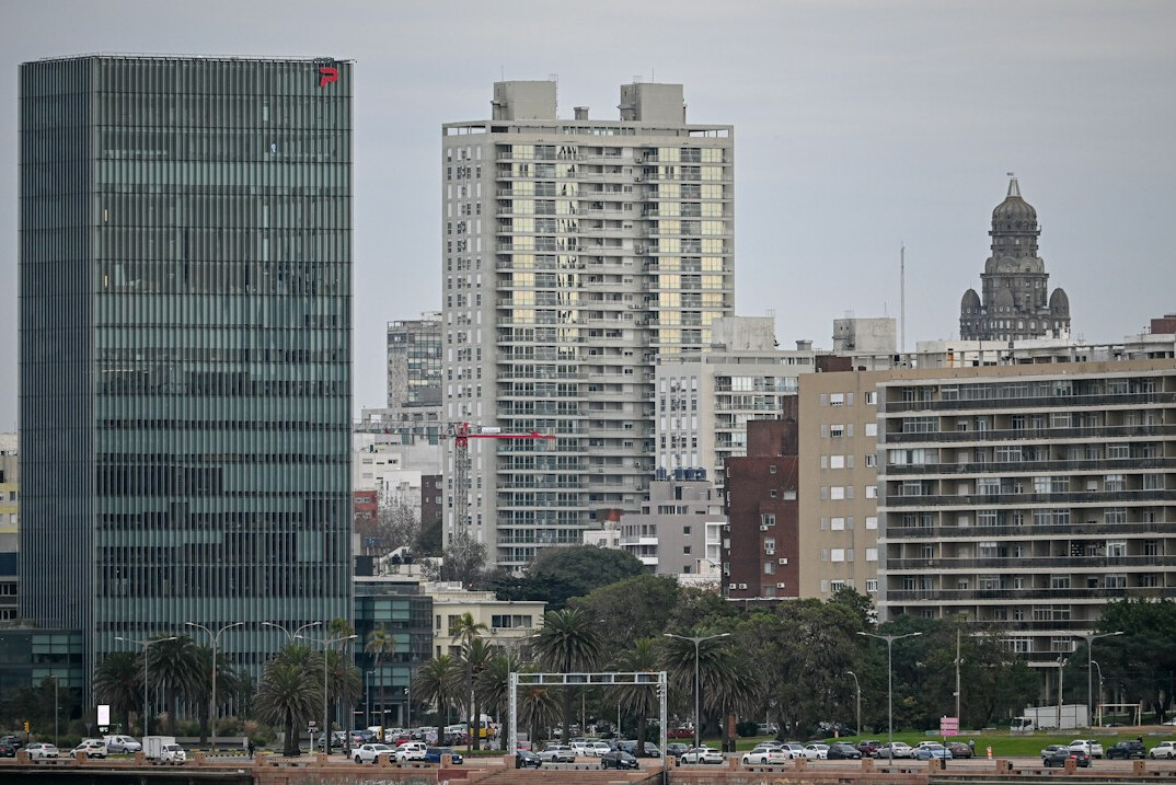 Skyline of Montevideo along the coast at sunset